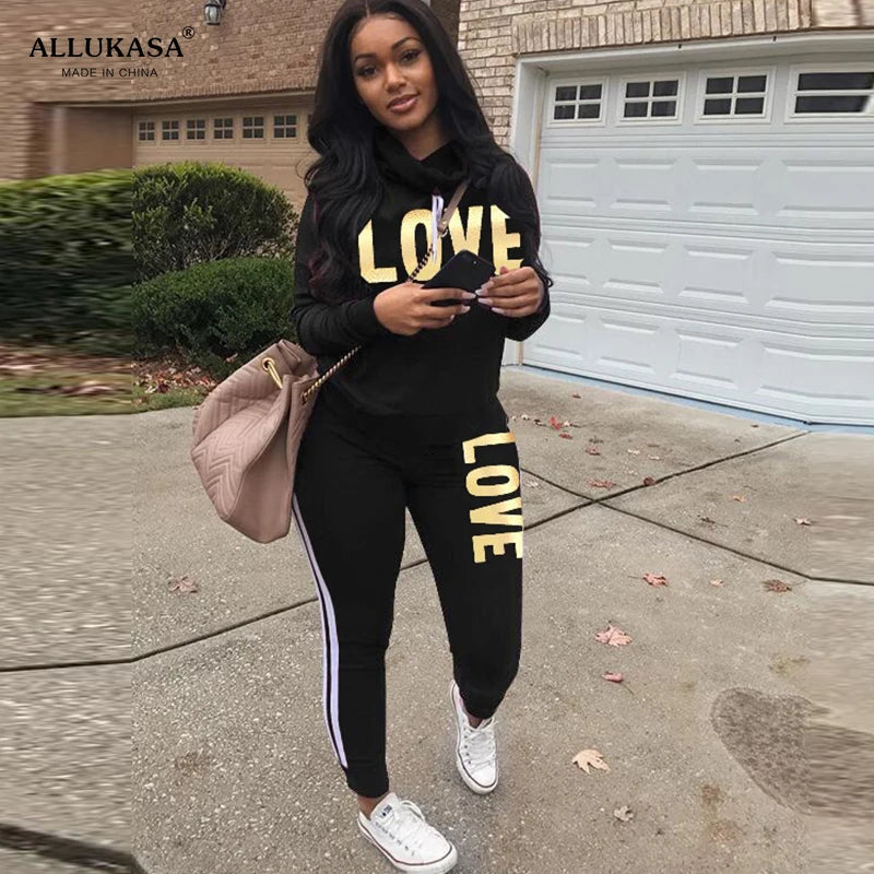Hoodie Set Love Print Cozy Tracksuit