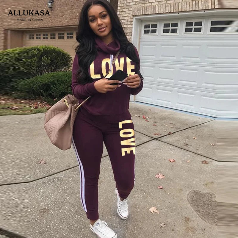 Hoodie Set Love Print Cozy Tracksuit