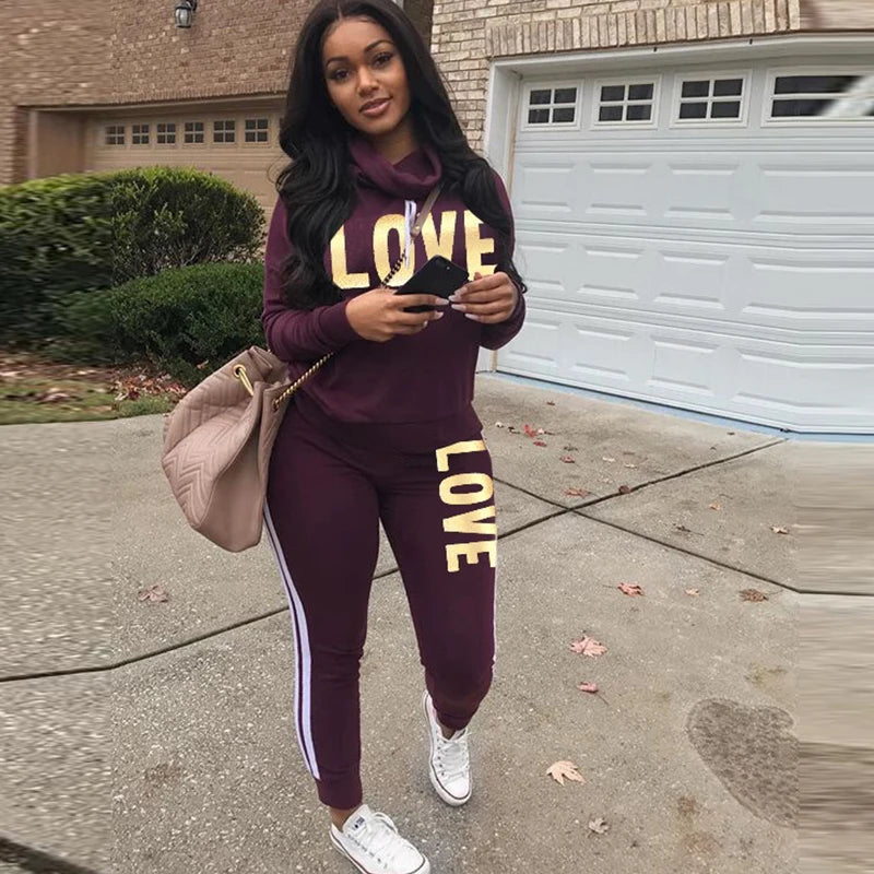 Hoodie Set Love Print Cozy Tracksuit