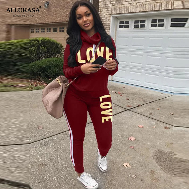 Hoodie Set Love Print Cozy Tracksuit