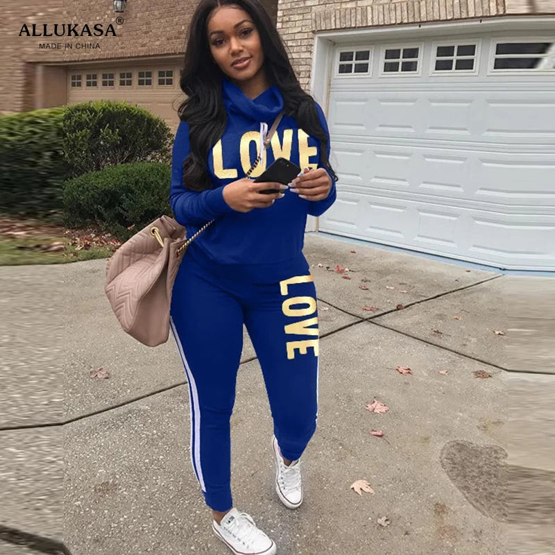 Hoodie Set Love Print Cozy Tracksuit