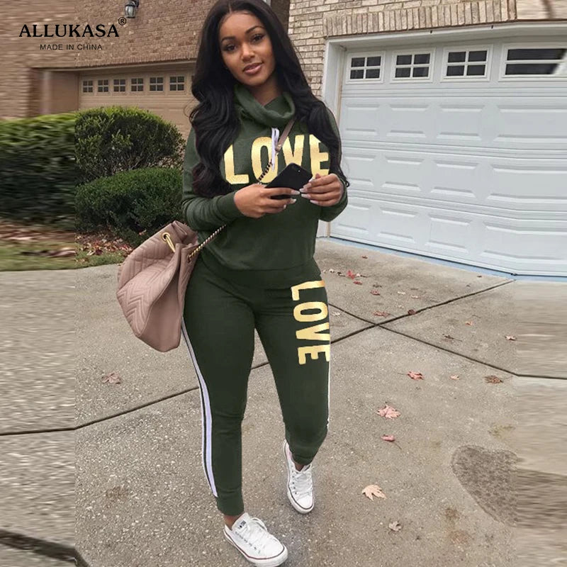 Hoodie Set Love Print Cozy Tracksuit