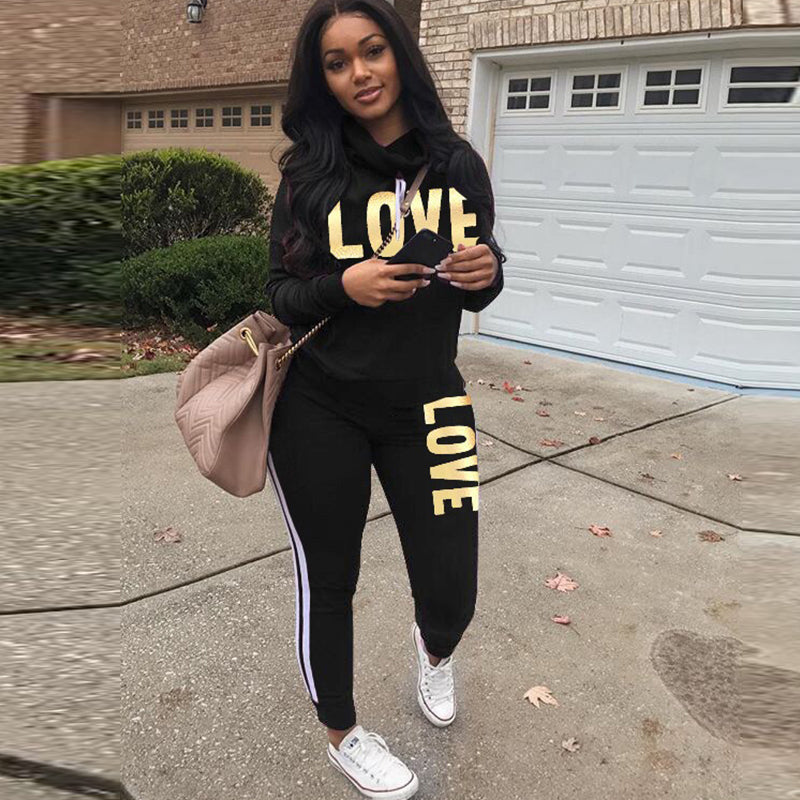 Hoodie Set Love Print Cozy Tracksuit