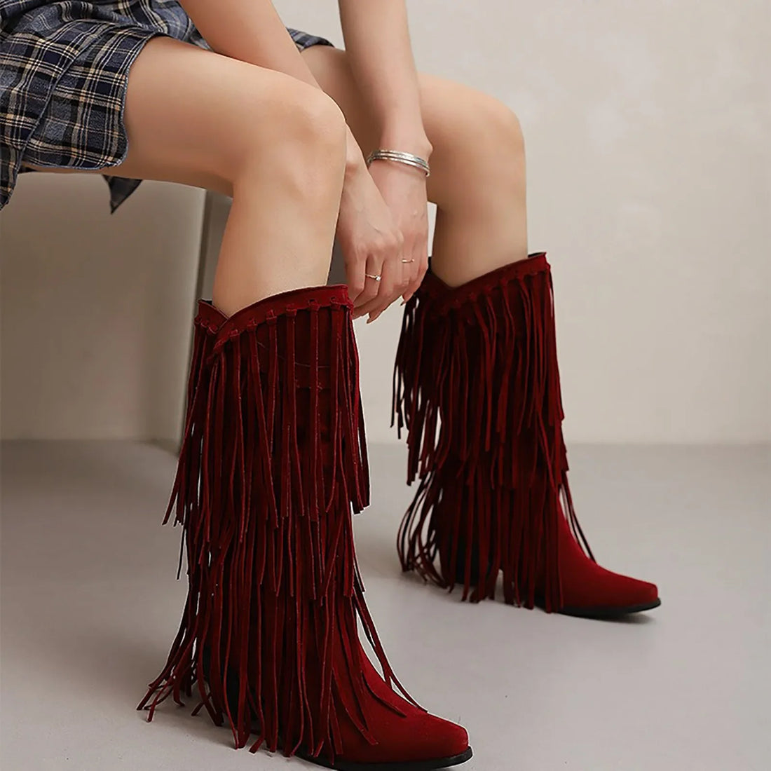Large Size 45 Women Retro Ethnic Western Cowboy Boots Block Medium Heels Tassel Fringe Kneehigh Boot Lady Winter Shoes Free ship